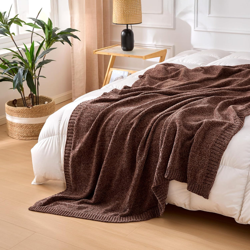 Chunky Chenille Knit Microfiber Throw Blanket for Couch, Bed and Sofa, Soft and Warm Lightweight Jersey, 60"×80", Brown