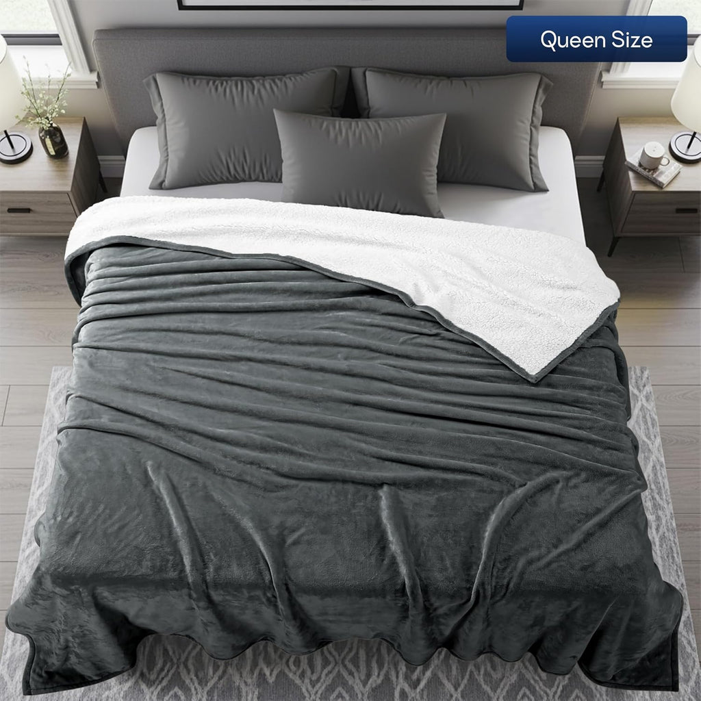Sherpa Blanket Queen Size (Grey, 90X90 Inches) - Soft Lightweight Plush Fleece Reversible Blanket for Bed, Sofa, Couch, Camping and Travel