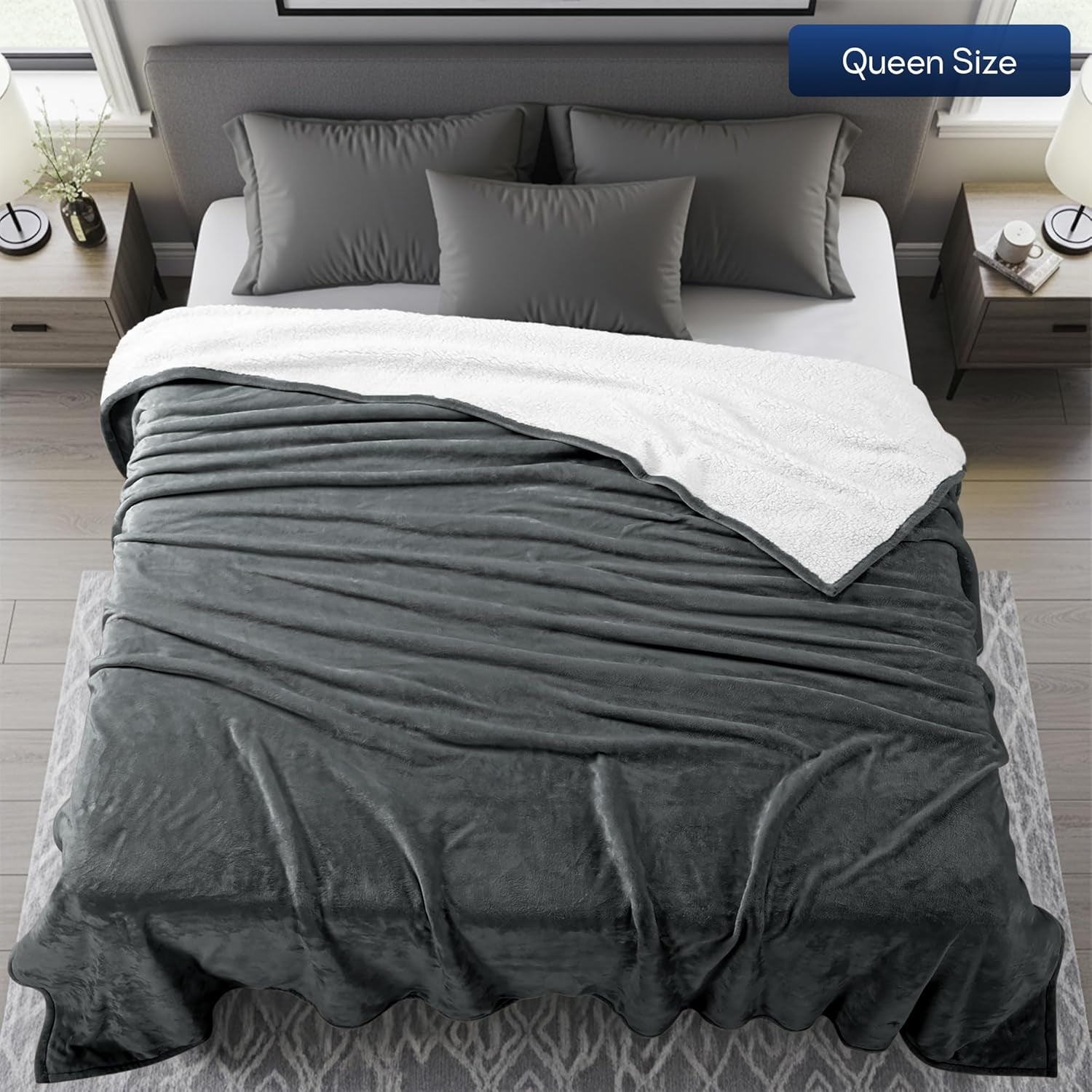 Sherpa Blanket Queen Size (Grey, 90X90 Inches) - Soft Lightweight Plush Fleece Reversible Blanket for Bed, Sofa, Couch, Camping and Travel