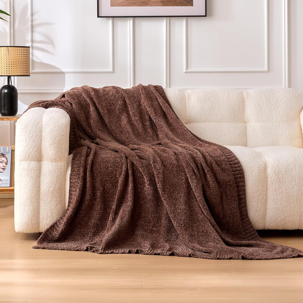 Chunky Chenille Knit Microfiber Throw Blanket for Couch, Bed and Sofa, Soft and Warm Lightweight Jersey, 60"×80", Brown