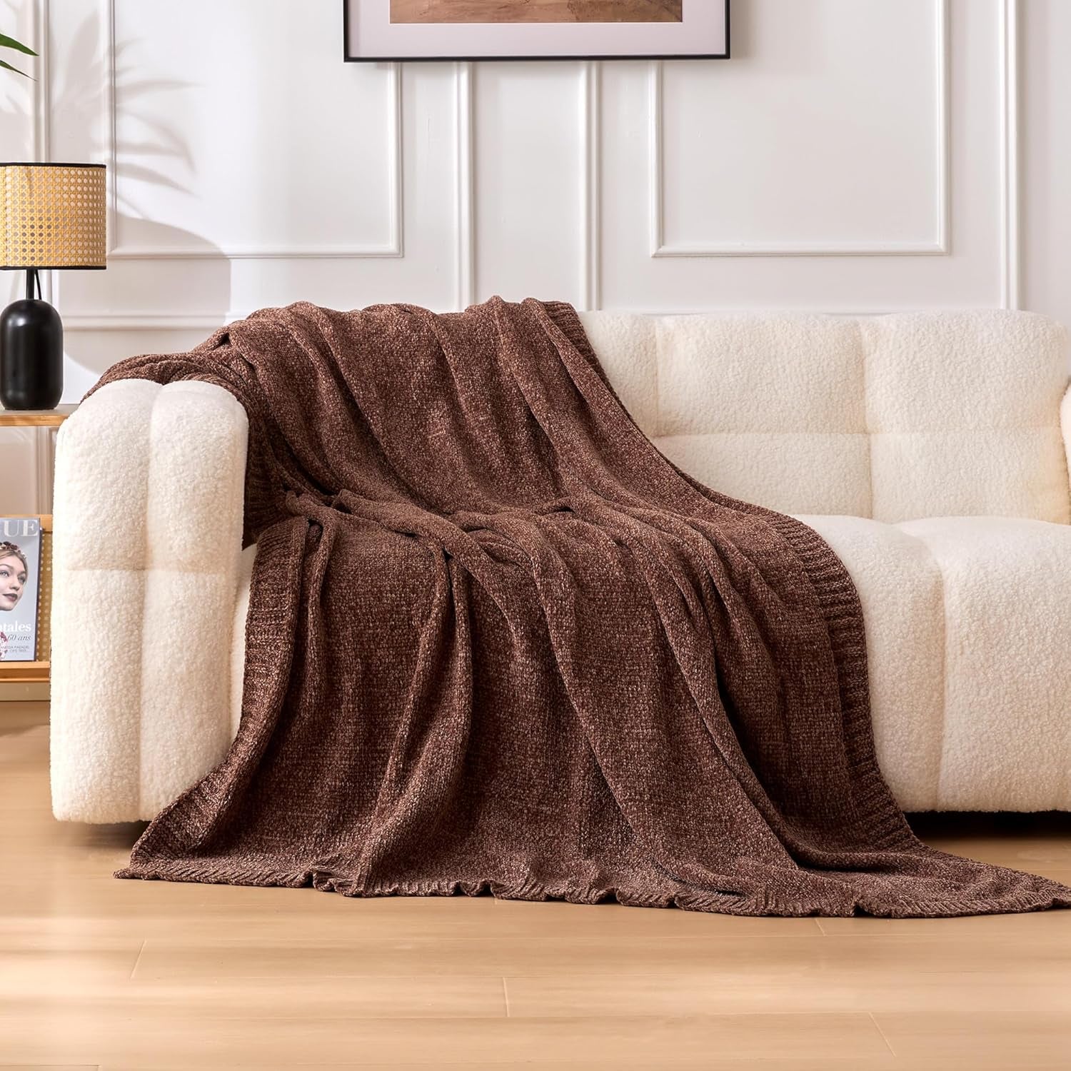 Chunky Chenille Knit Microfiber Throw Blanket for Couch, Bed and Sofa, Soft and Warm Lightweight Jersey, 60"×80", Brown