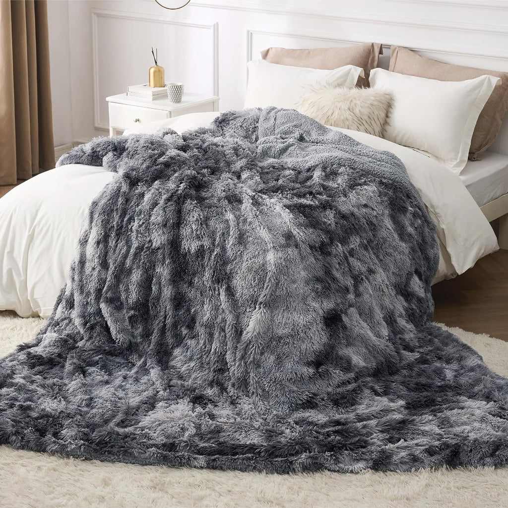 Gentlesoft Fluffy Sherpa Fleece Faux Fur Blankets Queen Size for Bed, Bedroom Decor Winter Bedding Thick Warm Full Queen Blankets, Fuzzy Plush Soft Heavy Mink Cozy Gifts, Tie Dye Grey, 90X90