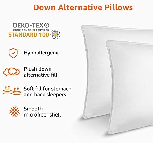 down Alternative Pillow for Back Side Sleepers, Medium Density, Standard Size, 26" X 20", 2-Pack, White