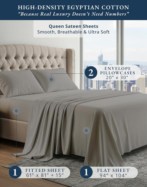 100% Egyptian Cotton Sheets Queen Size Bed Set – Naturally Cooling & Breathable Sateen Queen Sheets Set, Authentic Long-Staple Cotton for Lasting Softness, Snug Fit 15" Deep Pocket Fitted - Charcoal