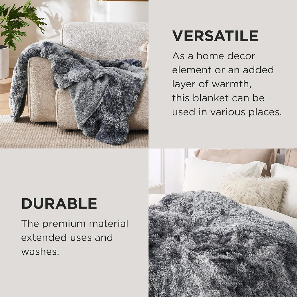 Gentlesoft Fluffy Sherpa Fleece Faux Fur Blankets Queen Size for Bed, Bedroom Decor Winter Bedding Thick Warm Full Queen Blankets, Fuzzy Plush Soft Heavy Mink Cozy Gifts, Tie Dye Grey, 90X90