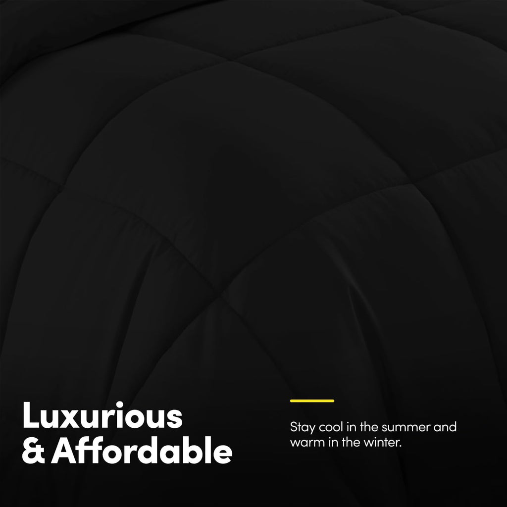 Sweet Home Collection 7 Piece Comforter Set Bag Solid Color All Season Soft Down Alternative Blanket & Luxurious Microfiber Bed Sheets, Black.