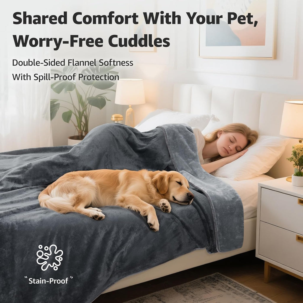 Waterproof Blanket for Bed: Reversible Soft Flannel Twin Bed Blanket 60" X 80", Leakproof Throw Spill-Proof Dog Pet Blanket for Couch, Sofa Protect, Movie Time, Camping, Travel, Grey