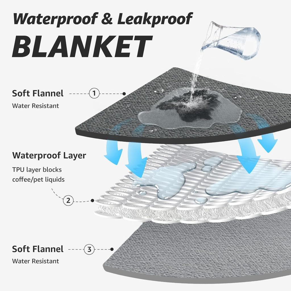 Waterproof Blanket for Bed: Reversible Soft Flannel Twin Bed Blanket 60" X 80", Leakproof Throw Spill-Proof Dog Pet Blanket for Couch, Sofa Protect, Movie Time, Camping, Travel, Grey