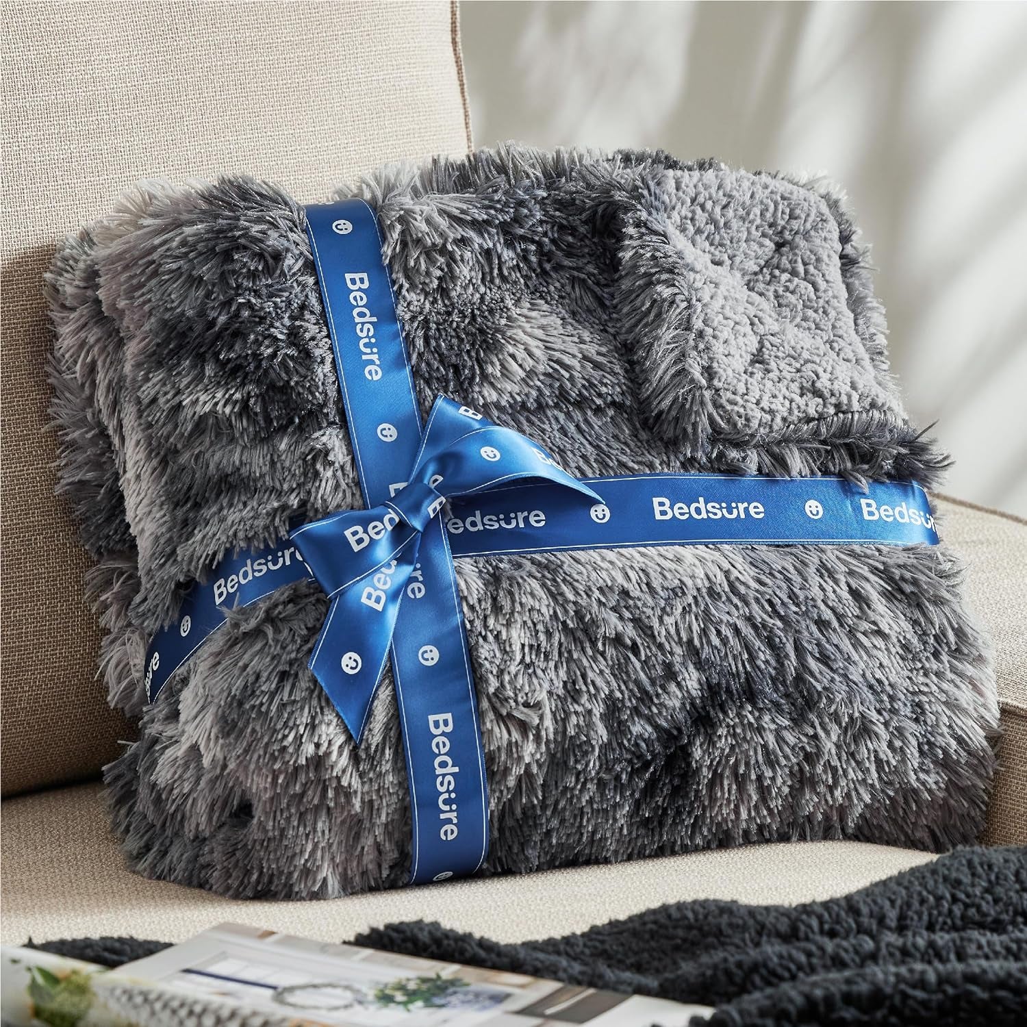 Gentlesoft Fluffy Sherpa Fleece Faux Fur Blankets Queen Size for Bed, Bedroom Decor Winter Bedding Thick Warm Full Queen Blankets, Fuzzy Plush Soft Heavy Mink Cozy Gifts, Tie Dye Grey, 90X90