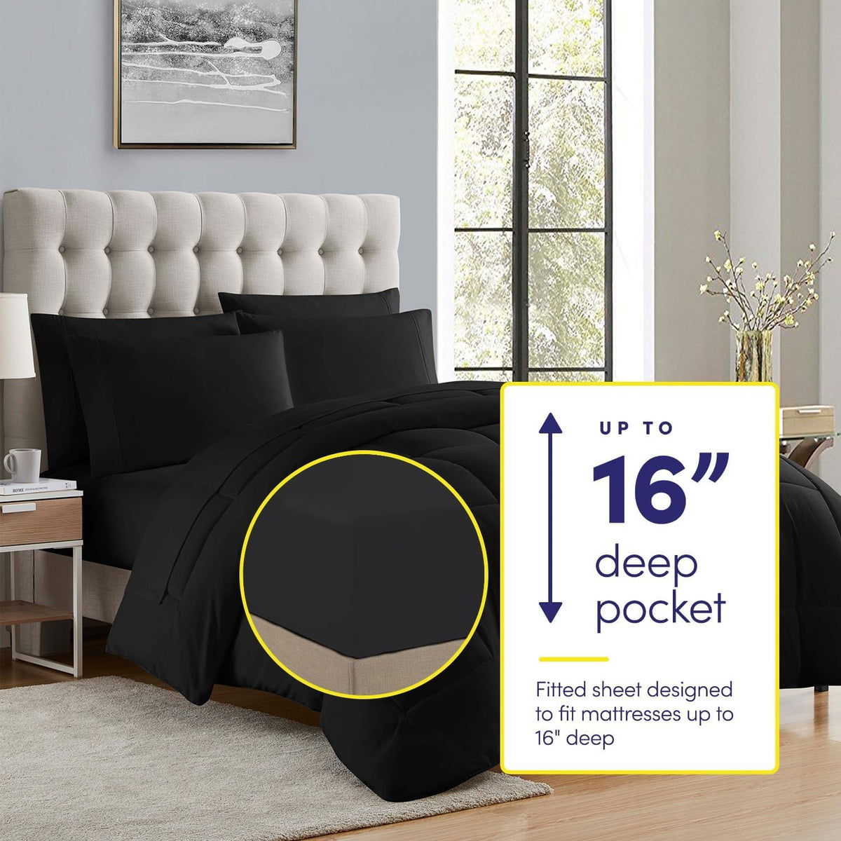 Sweet Home Collection 7 Piece Comforter Set Bag Solid Color All Season Soft Down Alternative Blanket & Luxurious Microfiber Bed Sheets, Black.