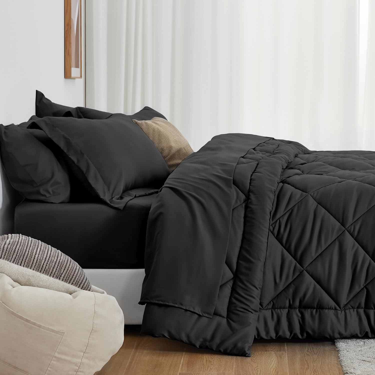 Full Comforter Set Black, 7 Pieces Full Bed in a Bag, All Season Bedding Sets with 1 Comforter, 1 Flat Sheet, 1 Fitted Sheet, 2 Pillowcase and 2 Pillow Sham