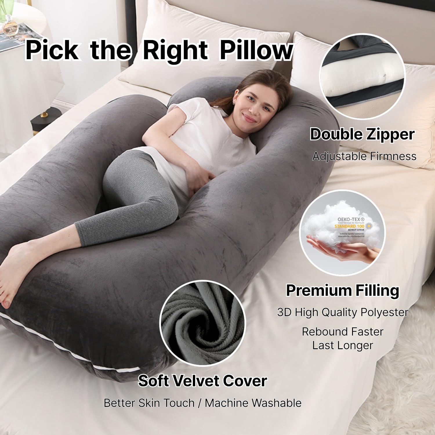 Pregnancy Pillow, Full Body 57 Inch Maternity Pillow with Removable Washable Cover - Sleep Support for Legs, Back, Neck, Shoulder, HIPS, Belly for Pregnent Women, Black Grey Velvet Cover