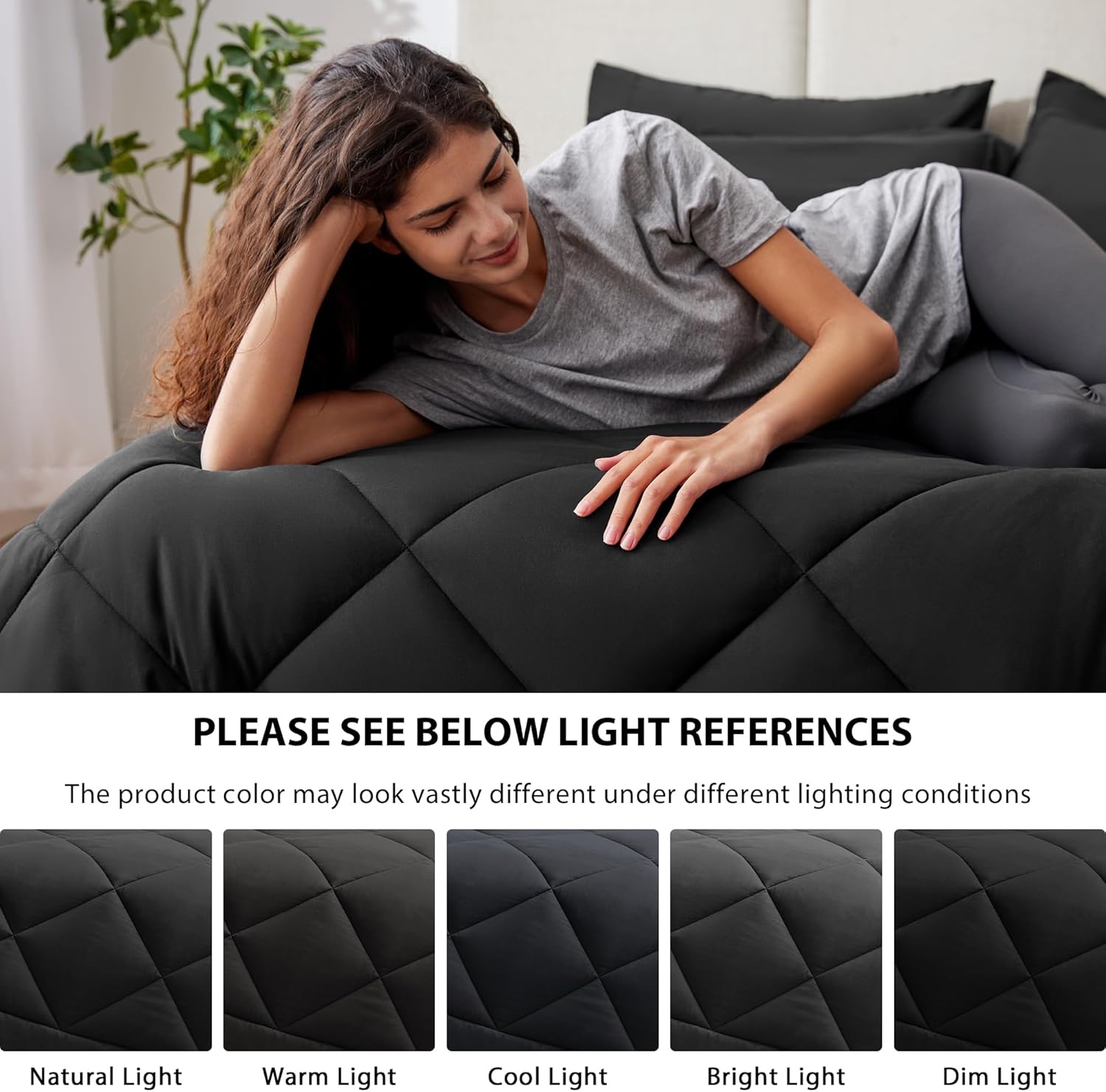 Full Comforter Set Black, 7 Pieces Full Bed in a Bag, All Season Bedding Sets with 1 Comforter, 1 Flat Sheet, 1 Fitted Sheet, 2 Pillowcase and 2 Pillow Sham