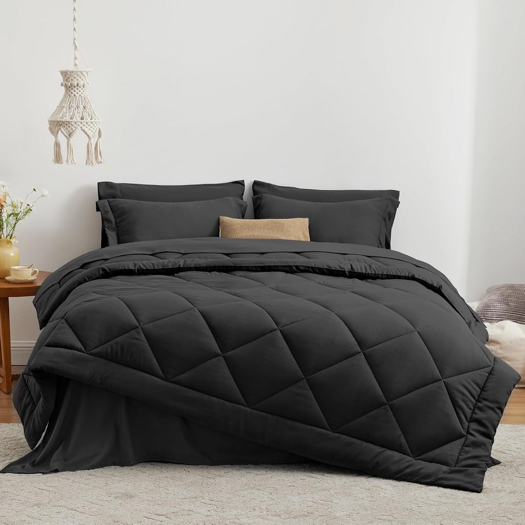 Full Comforter Set Black, 7 Pieces Full Bed in a Bag, All Season Bedding Sets with 1 Comforter, 1 Flat Sheet, 1 Fitted Sheet, 2 Pillowcase and 2 Pillow Sham