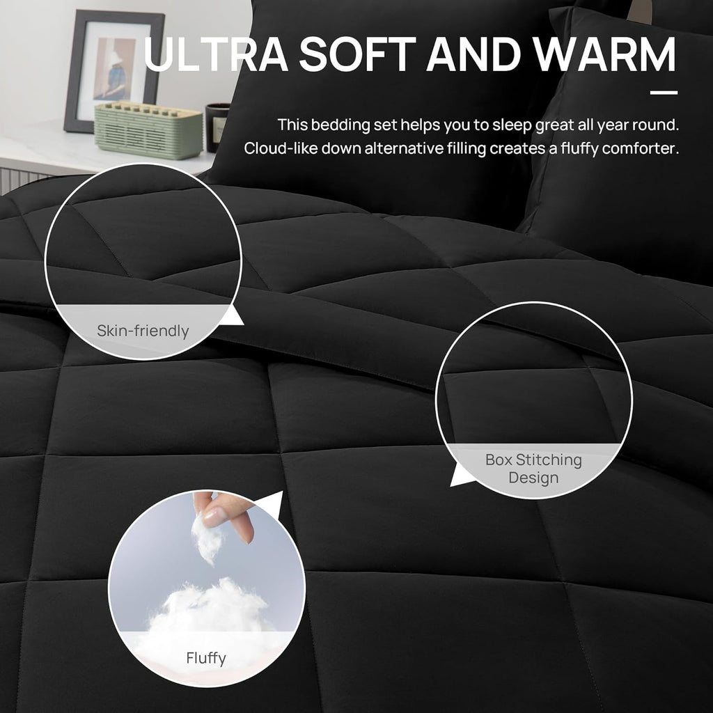 Full Comforter Set Black, 7 Pieces Full Bed in a Bag, All Season Bedding Sets with 1 Comforter, 1 Flat Sheet, 1 Fitted Sheet, 2 Pillowcase and 2 Pillow Sham