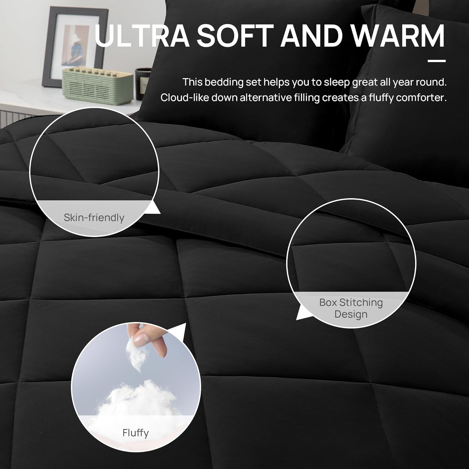 Full Comforter Set Black, 7 Pieces Full Bed in a Bag, All Season Bedding Sets with 1 Comforter, 1 Flat Sheet, 1 Fitted Sheet, 2 Pillowcase and 2 Pillow Sham