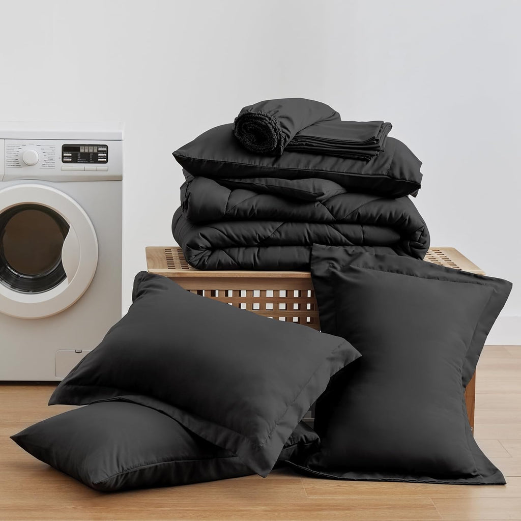 Full Comforter Set Black, 7 Pieces Full Bed in a Bag, All Season Bedding Sets with 1 Comforter, 1 Flat Sheet, 1 Fitted Sheet, 2 Pillowcase and 2 Pillow Sham