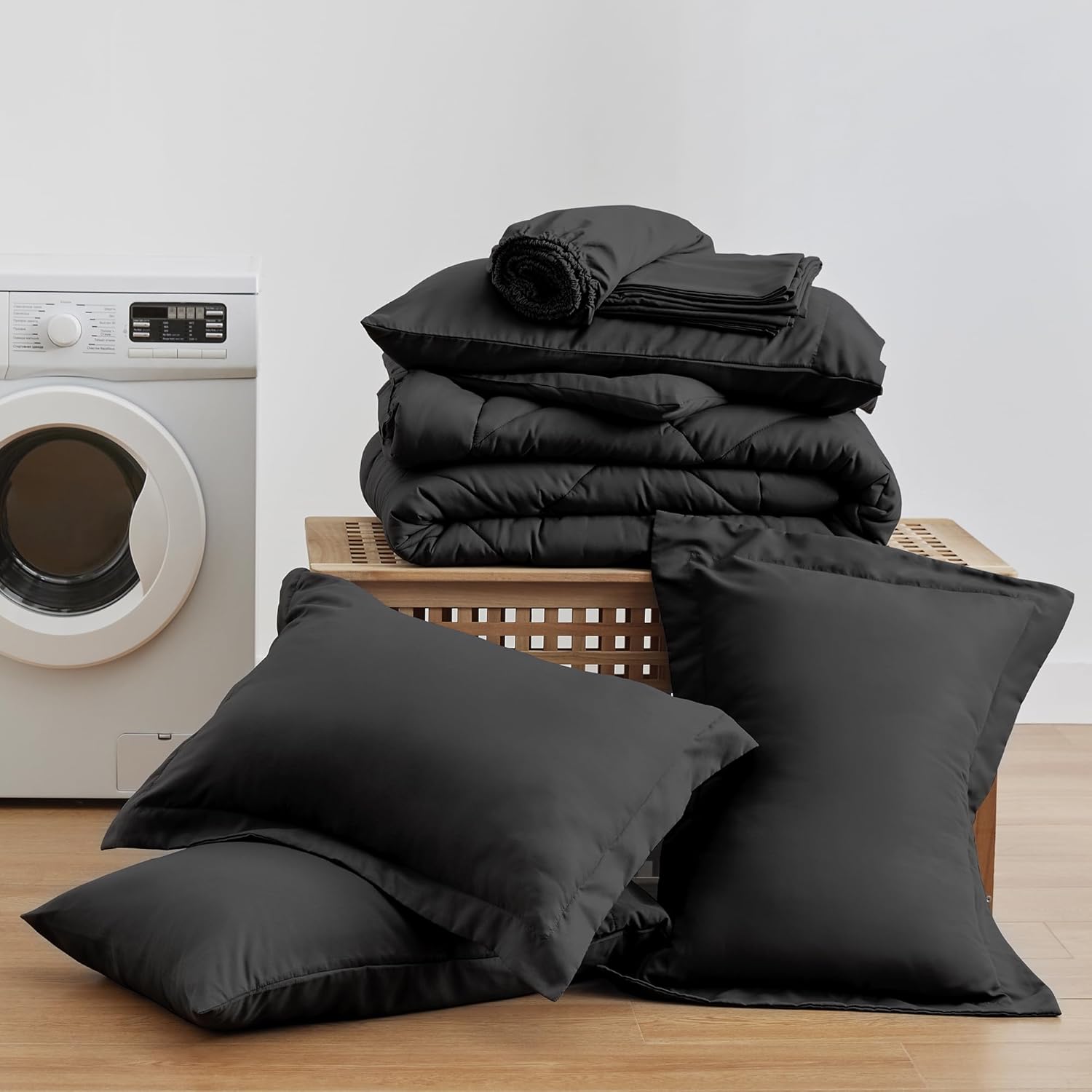 Full Comforter Set Black, 7 Pieces Full Bed in a Bag, All Season Bedding Sets with 1 Comforter, 1 Flat Sheet, 1 Fitted Sheet, 2 Pillowcase and 2 Pillow Sham