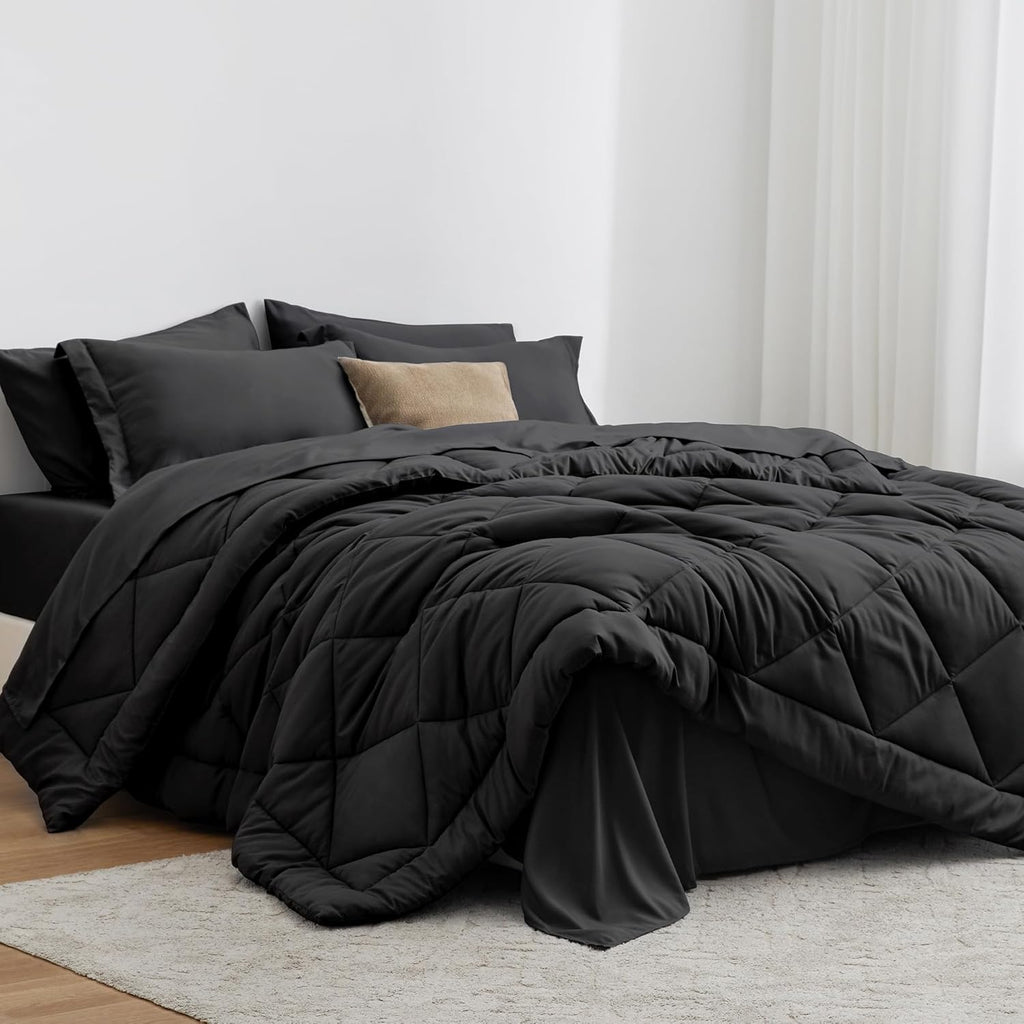 Full Comforter Set Black, 7 Pieces Full Bed in a Bag, All Season Bedding Sets with 1 Comforter, 1 Flat Sheet, 1 Fitted Sheet, 2 Pillowcase and 2 Pillow Sham