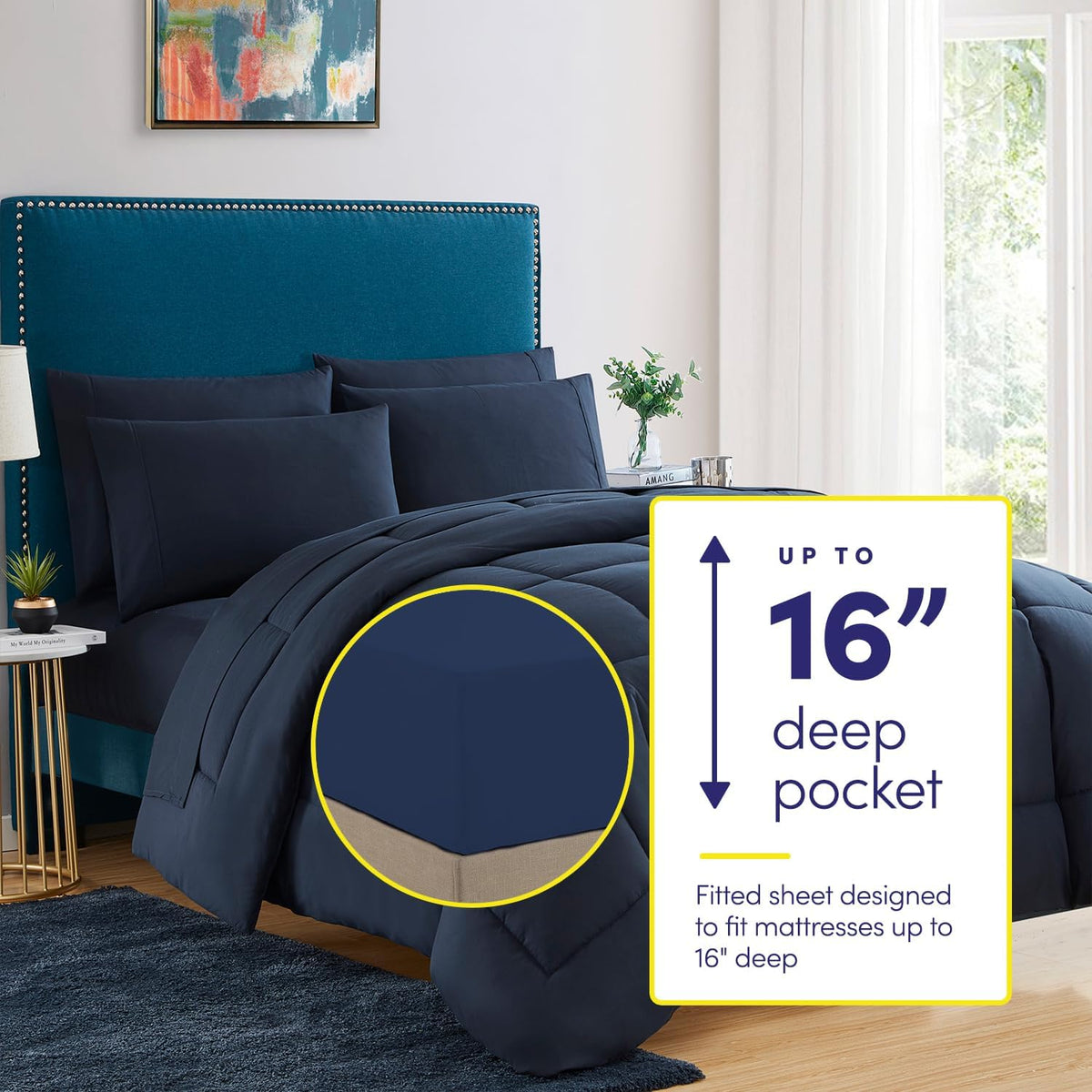 Dark blue comforter Set with Sheets Bed in a Bag – Deep Pocket Fitted Sheet with Elastic Corners, Cozy Comforter, Pillowcases & Shams – Soft Microfiber All Season Bedding – Machine Washable