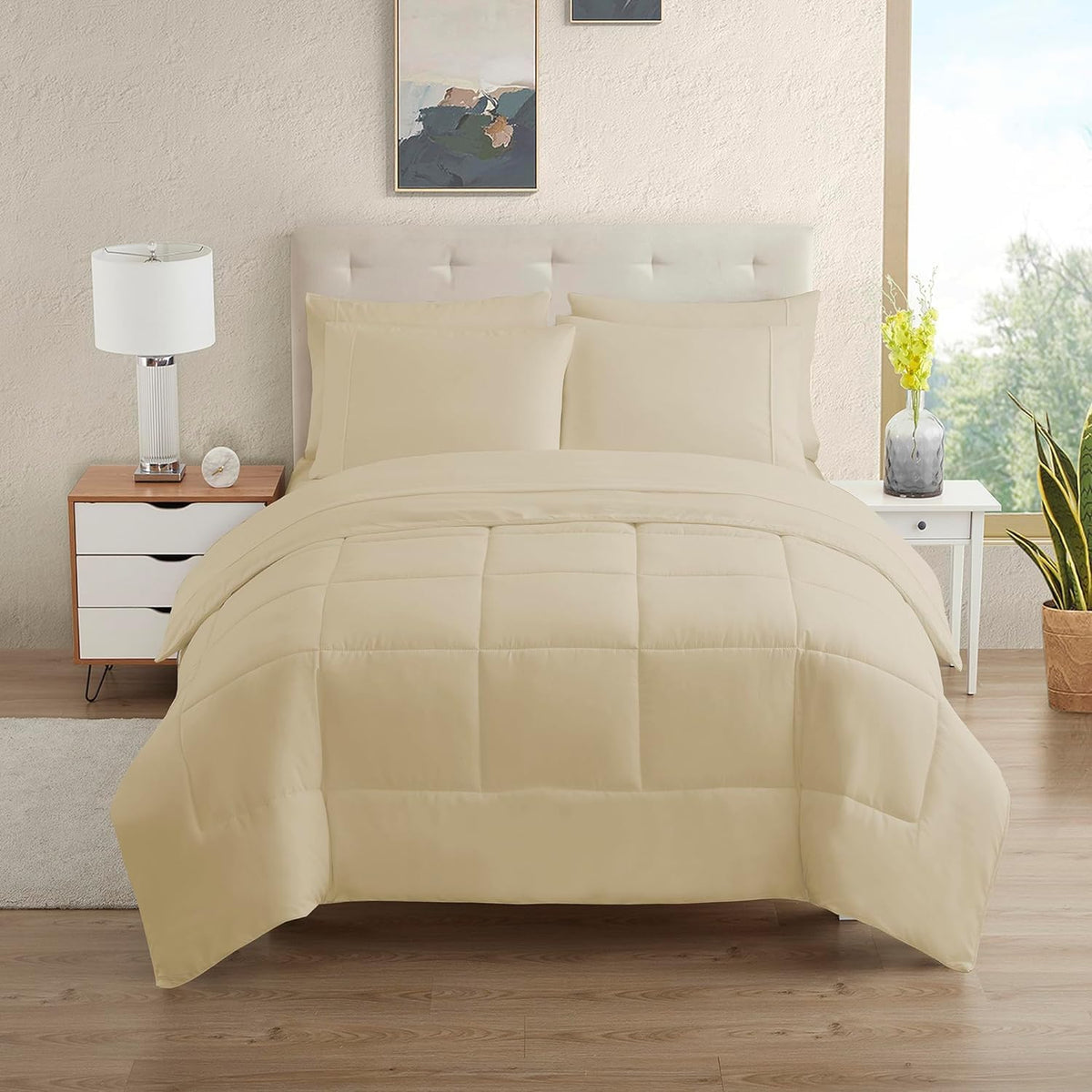 Sweet Home Collection 7 Piece Comforter Set Bag Solid Color All Season Soft Down Alternative Blanket & Luxurious Microfiber Bed Sheets, Beige