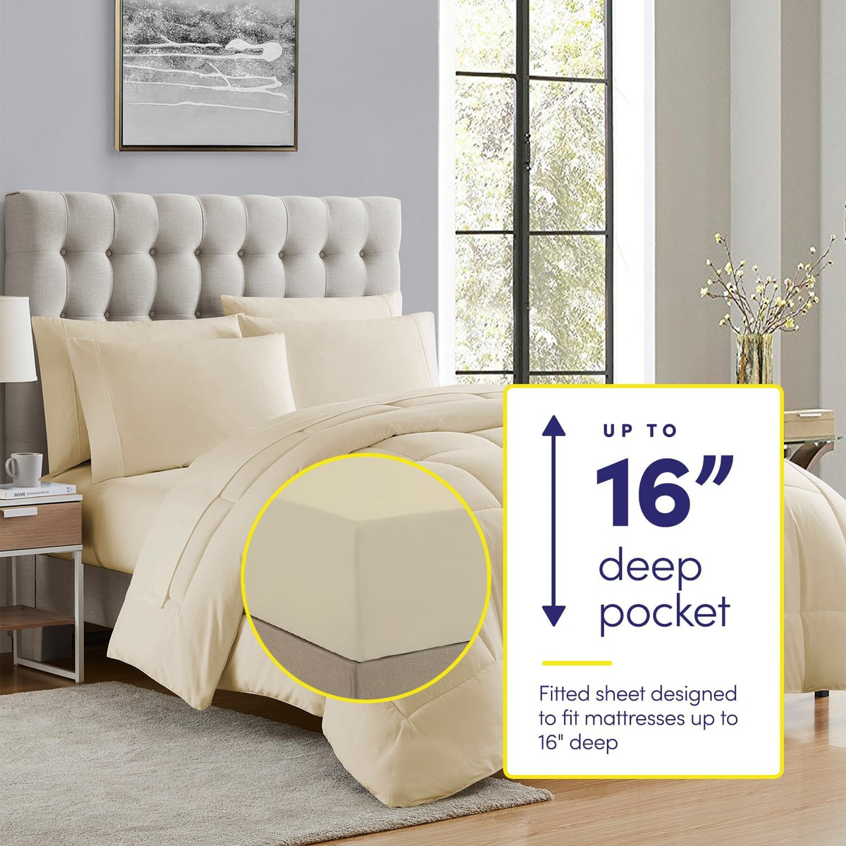 Sweet Home Collection 7 Piece Comforter Set Bag Solid Color All Season Soft Down Alternative Blanket & Luxurious Microfiber Bed Sheets, Beige