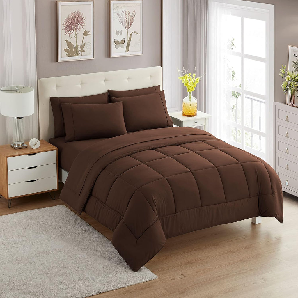 Sweet Home Collection 5 Piece Comforter Set Bag Solid Color All Season Soft Down Alternative Blanket & Luxurious Microfiber Bed Sheets, Brown