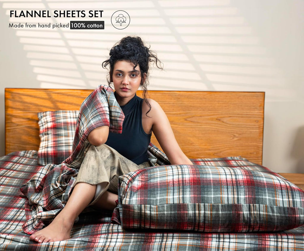 100% Cotton Flannel Sheets Queen Size 4 Pcs Set, Halloween Check