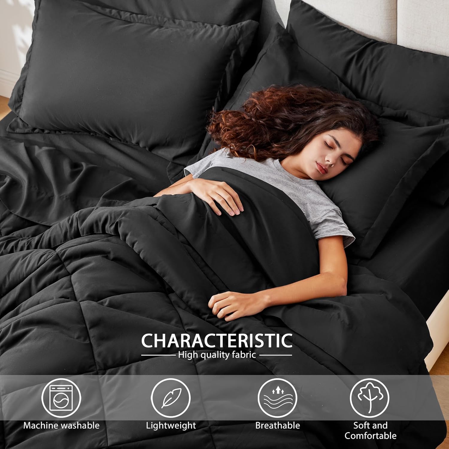 Full Comforter Set Black, 7 Pieces Full Bed in a Bag, All Season Bedding Sets with 1 Comforter, 1 Flat Sheet, 1 Fitted Sheet, 2 Pillowcase and 2 Pillow Sham