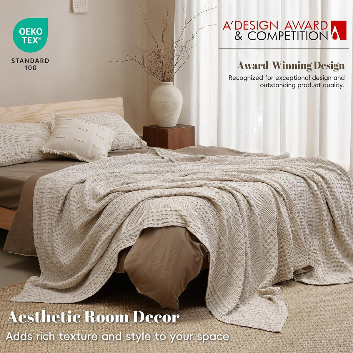 PHF Lightweight 100% Cotton Waffle Blanket for Bed, Light Taupe