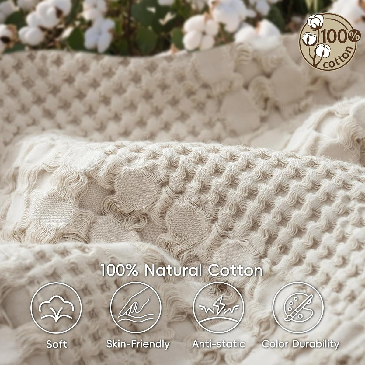 PHF Lightweight 100% Cotton Waffle Blanket for Bed, Light Taupe