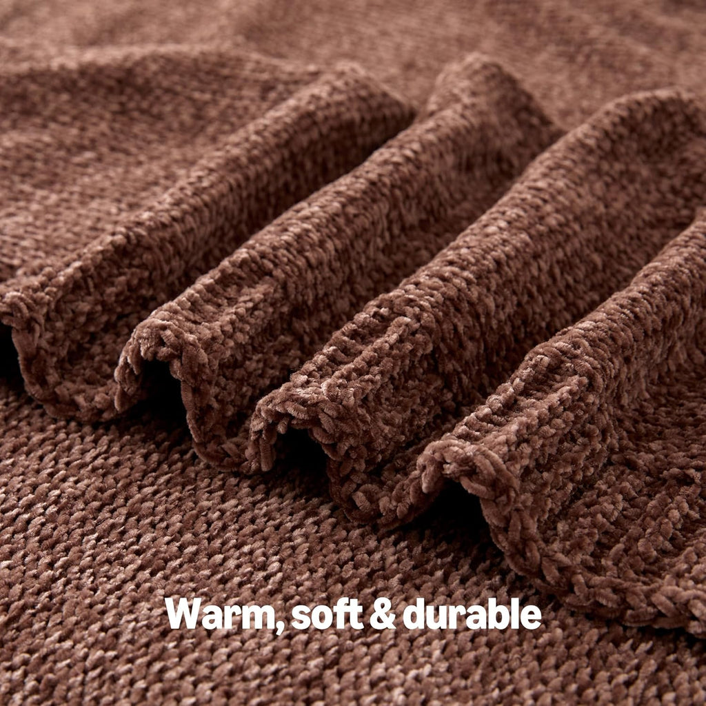 Chunky Chenille Knit Microfiber Throw Blanket for Couch, Bed and Sofa, Soft and Warm Lightweight Jersey, 60"×80", Brown