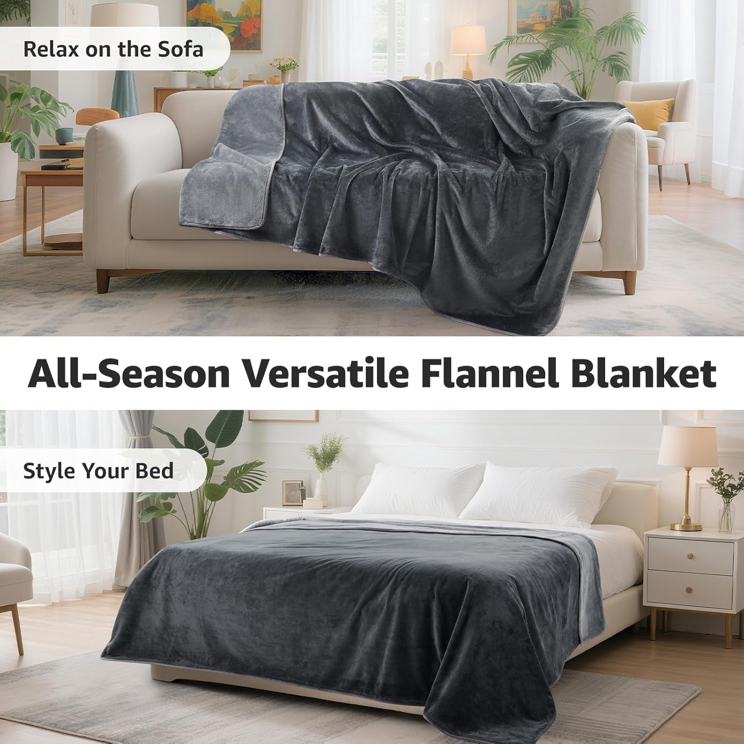 Waterproof Blanket for Bed: Reversible Soft Flannel Twin Bed Blanket 60" X 80", Leakproof Throw Spill-Proof Dog Pet Blanket for Couch, Sofa Protect, Movie Time, Camping, Travel, Grey