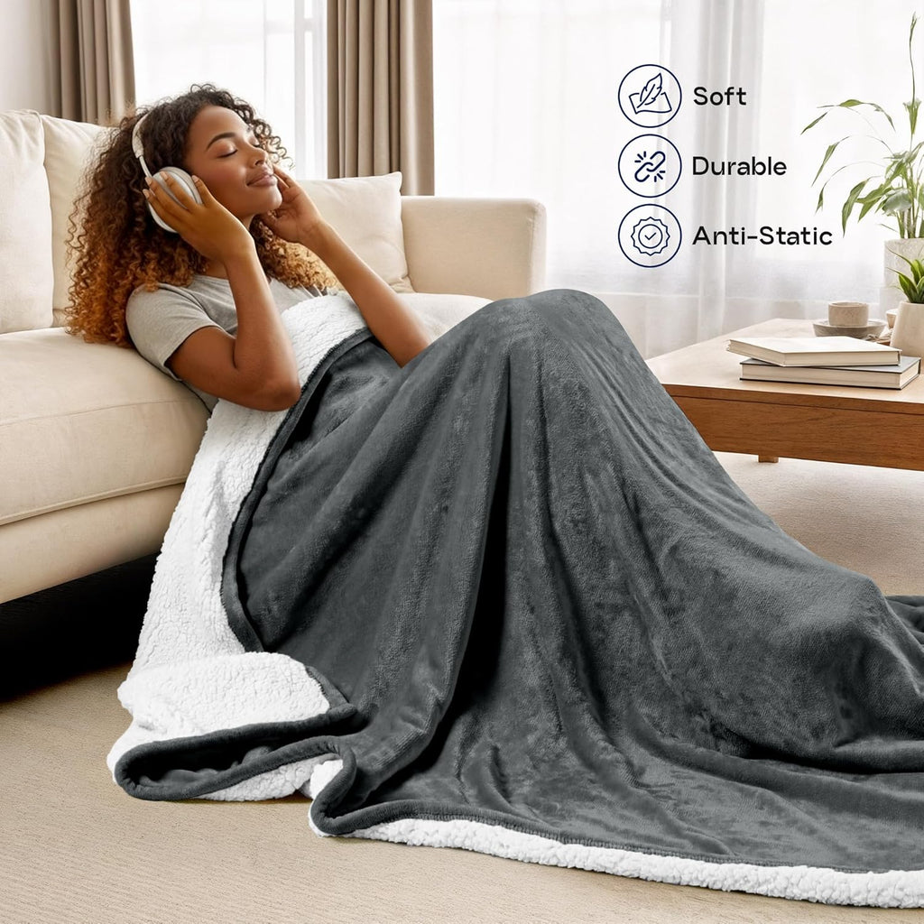 Sherpa Blanket Queen Size (Grey, 90X90 Inches) - Soft Lightweight Plush Fleece Reversible Blanket for Bed, Sofa, Couch, Camping and Travel