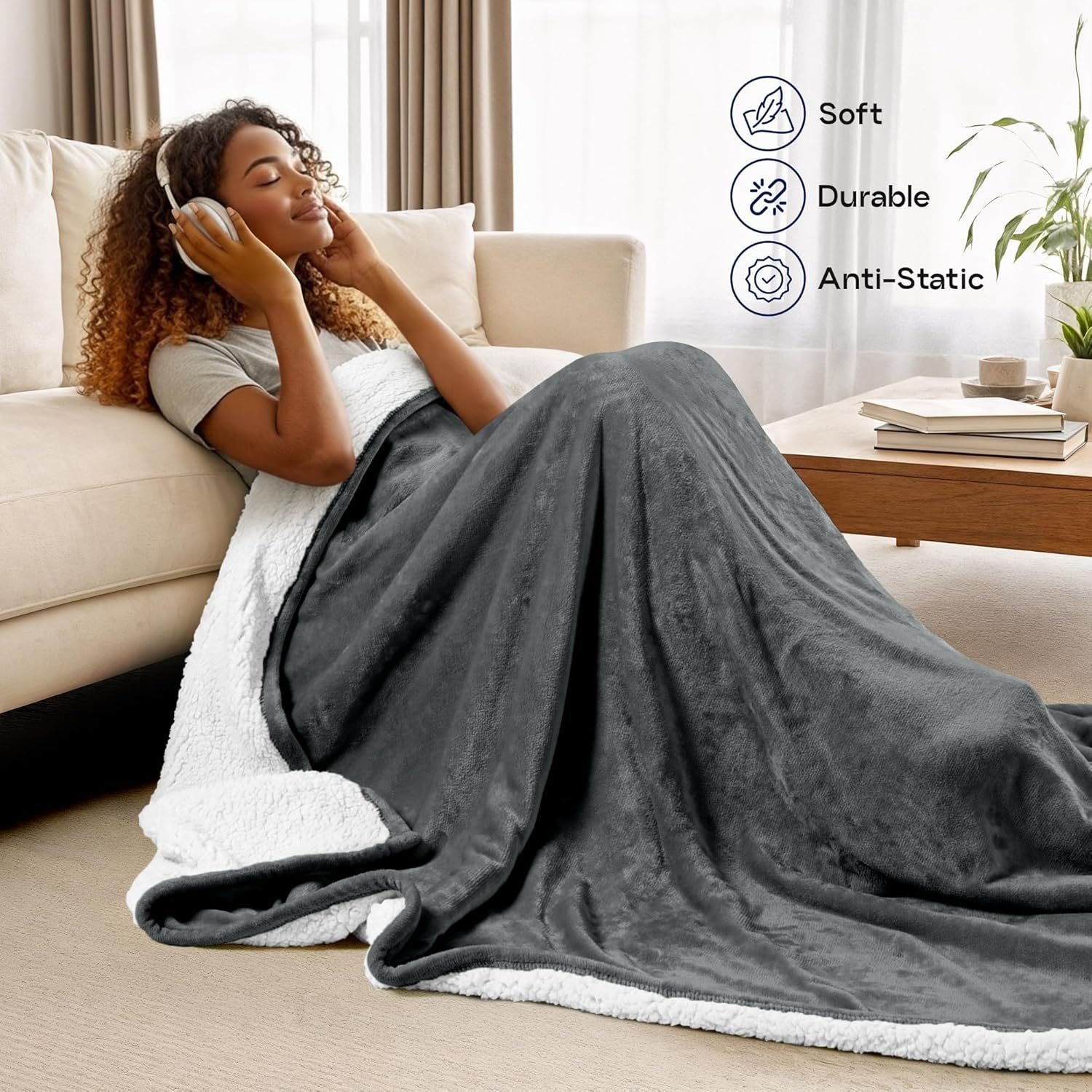 Sherpa Blanket Queen Size (Grey, 90X90 Inches) - Soft Lightweight Plush Fleece Reversible Blanket for Bed, Sofa, Couch, Camping and Travel