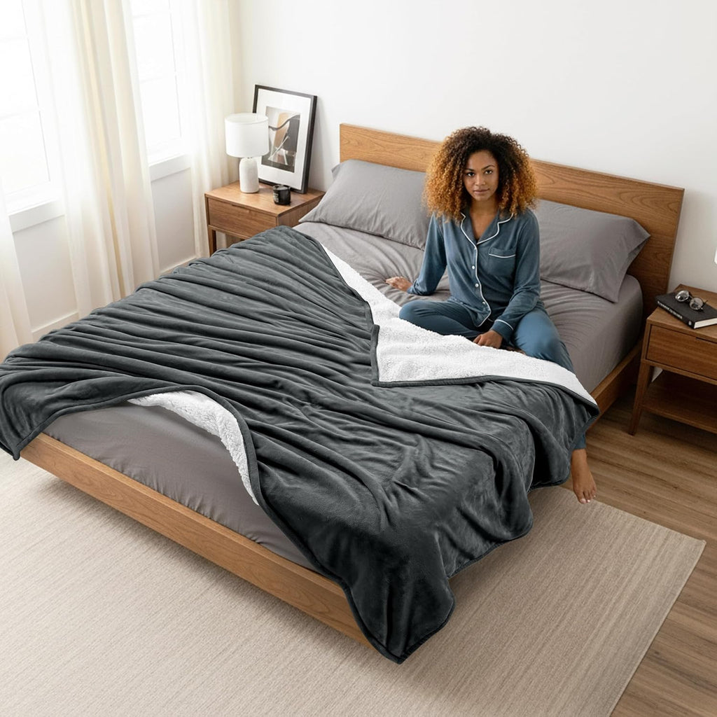 Sherpa Blanket Queen Size (Grey, 90X90 Inches) - Soft Lightweight Plush Fleece Reversible Blanket for Bed, Sofa, Couch, Camping and Travel