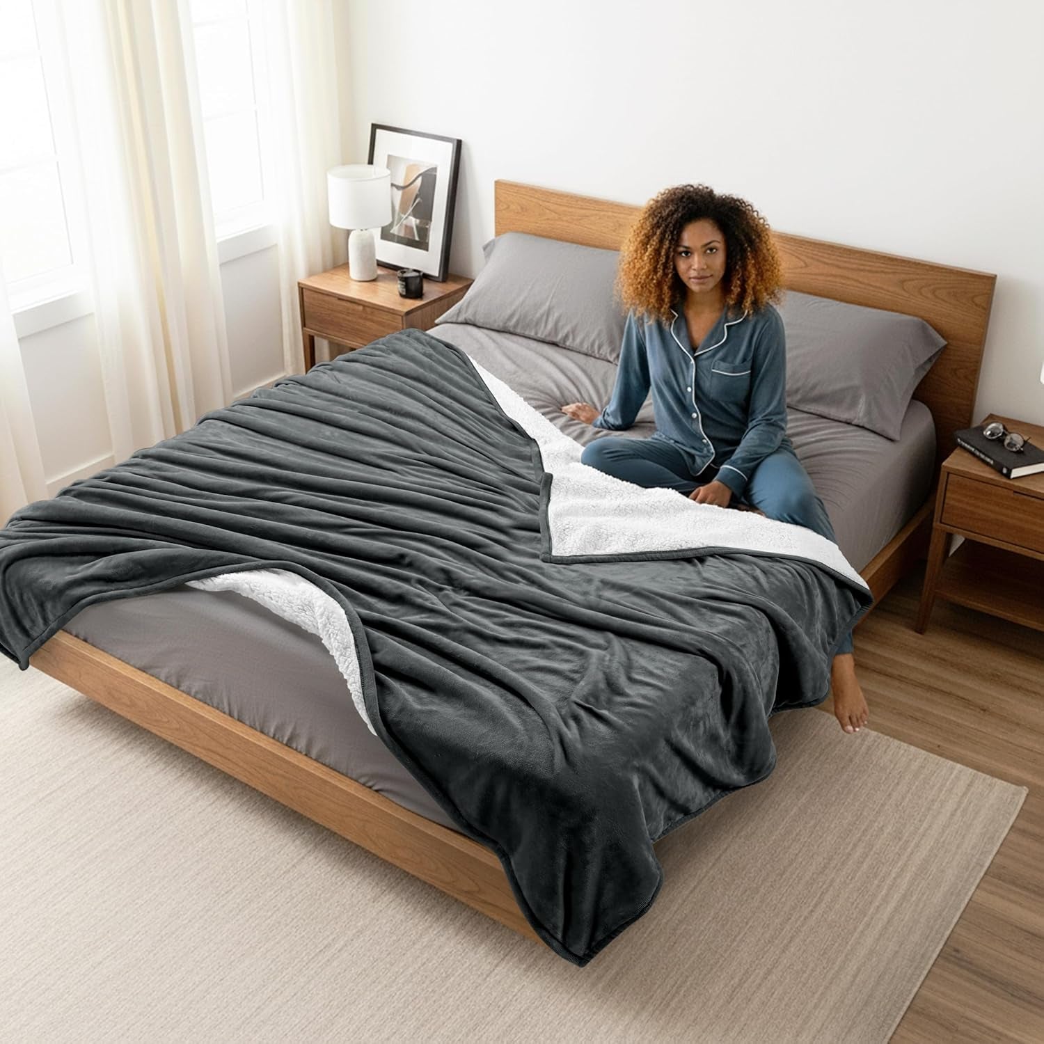 Sherpa Blanket Queen Size (Grey, 90X90 Inches) - Soft Lightweight Plush Fleece Reversible Blanket for Bed, Sofa, Couch, Camping and Travel