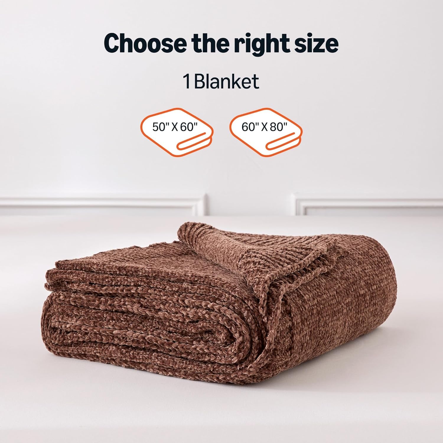 Chunky Chenille Knit Microfiber Throw Blanket for Couch, Bed and Sofa, Soft and Warm Lightweight Jersey, 60"×80", Brown