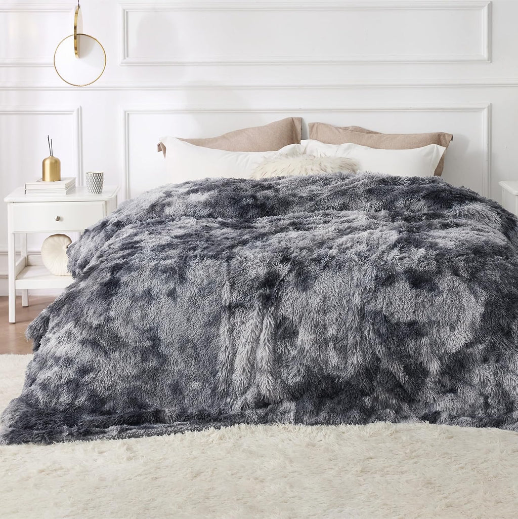 Gentlesoft Fluffy Sherpa Fleece Faux Fur Blankets Queen Size for Bed, Bedroom Decor Winter Bedding Thick Warm Full Queen Blankets, Fuzzy Plush Soft Heavy Mink Cozy Gifts, Tie Dye Grey, 90X90