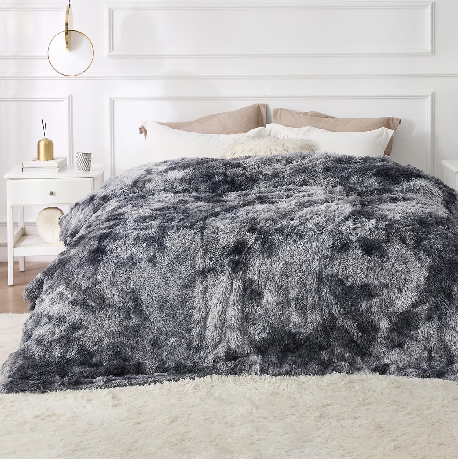 Gentlesoft Fluffy Sherpa Fleece Faux Fur Blankets Queen Size for Bed, Bedroom Decor Winter Bedding Thick Warm Full Queen Blankets, Fuzzy Plush Soft Heavy Mink Cozy Gifts, Tie Dye Grey, 90X90