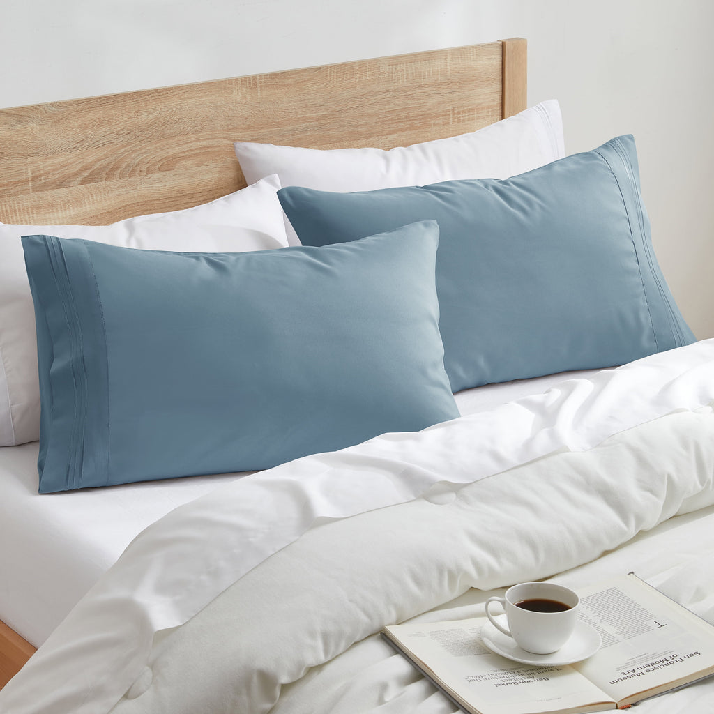 Pillow Cases Premier 1800, Luxury Soft Microfiber Pillow Case Sleep Covers, Hypoallergenic Sleeping Encasements, Standard Size Pillow Cases Set of 2 Pieces, Stone Blue